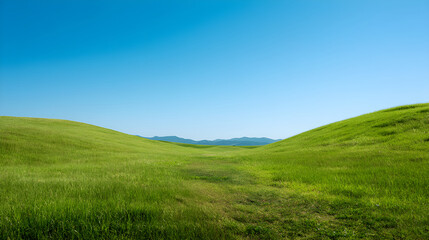 Expansive green hills under a clear blue sky with distant mountains creating a serene landscape