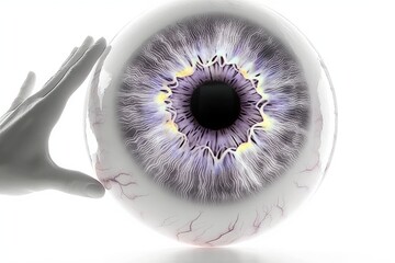 3d render purple-iris eyeball held by hand isolated on white background for medical and anatomical design use