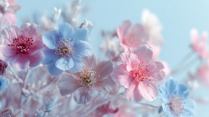 Colorful delicate flowers frozen in ice, creating a vibrant artistic aesthetic composition. Ideal for design, beauty, nature, seasonal concepts, and creative visual projects.