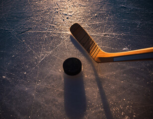 Hockey puck falls on the ice and the stick hits the puck. top view.