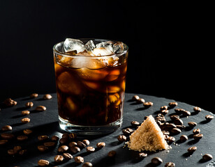 Black coffee with ice on a black background