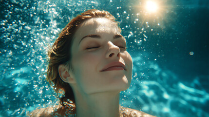 A serene woman enjoying the calmness of water while submerged, basking in sunlight and tranquility.