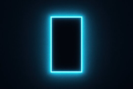 Hard-edged rectangular light reflection on glossy surface, neon blue/cyan rim with dark core, subtle grain, graphic minimalism.