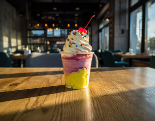 ice cream cup on the table in the empty café