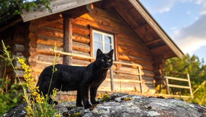 Black cat poses on a rock in front of a rustic log cabin under a bright, partly cloudy, blue sky