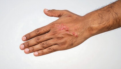 Fototapeta premium Adult dark skin hand displaying red bumps and skin irritation against a bright white background