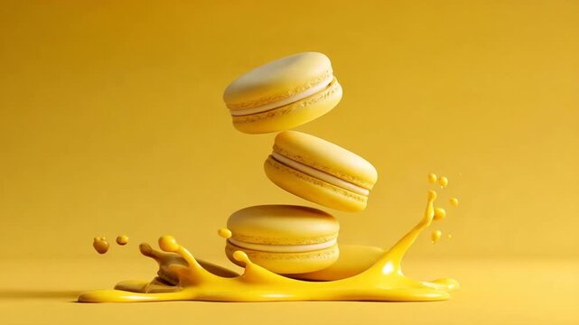 Three yellow macaron cookies hover above a splash, on a matching background