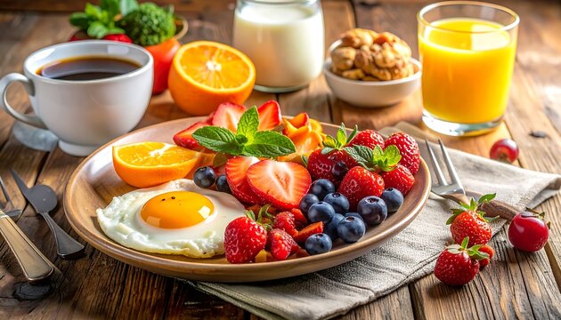 An egg & fresh fruit are served with orange juice, coffee and milk on a rustic wooden table setting for breakfast