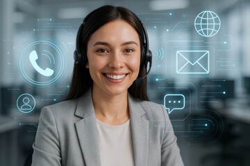 Customer Service with a Smile: A customer service representative exudes warmth and professionalism, illuminated by digital icons representing seamless communication, emphasizing excellent support.