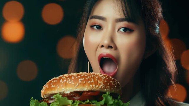 Smiling woman in a fancy dress, holding a mouth-watering hamburger with cheese and tomato during a nighttime celebration.