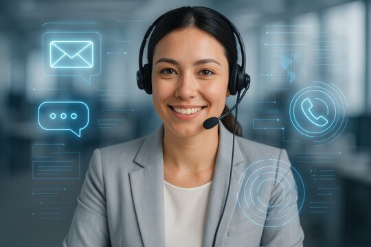 Customer Service Excellence: A friendly professional, equipped with a headset, radiates positivity while interacting with virtual communication interfaces.