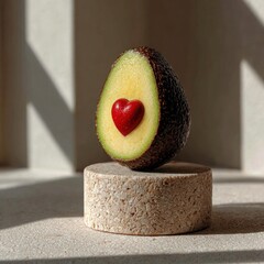 Minimalist Avocado With Heart Core.  A perfectly sliced avocado stands on a stone pedestal, featuring a red heart-shaped pit in its center.