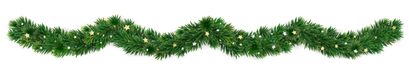 Christmas garland with green fir branches and shiny golden star confetti. Decorative divider for holiday cards, banners, and festive compositions. Transparent background in vector file. © Olga Prozorova