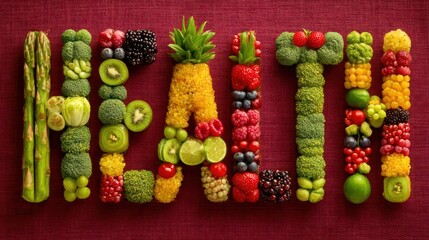 Word HEALTH Created from Colorful Organic Fruits and Veggies.  Balanced Diet Concept. Fresh Nutrition Typography.