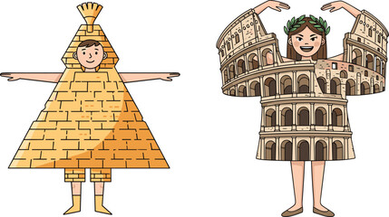 Creative children wearing pyramid and colosseum costumes, world heritage themed illustration, ancient architecture, education concept, history learning fun, cultural diversity © kulsum creatives