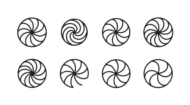 Eight abstract swirling spiral shapes in a clean silhouette design