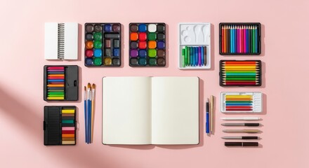 Overhead view of art supplies including watercolor paints, pencils, pens and a blank sketchbook on pink