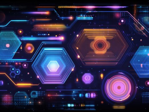 Futuristic neon glowing hexagonal tech abstract background