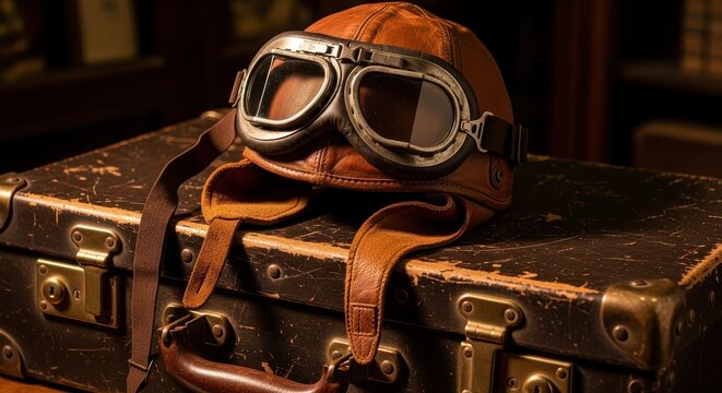 A vintage aviator hat with goggles resting atop a weathered suitcase in a dimly lit setting indoors