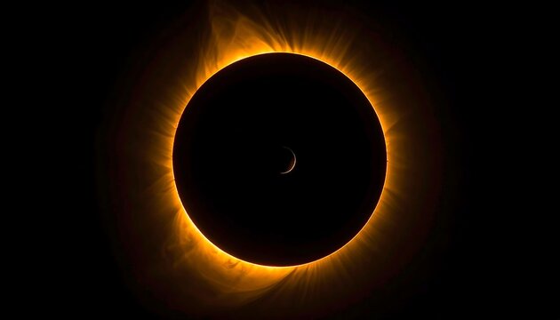 Bright solar eclipse with radiant corona, dark silhouette, and subtle crescent visible against a deep black backdrop