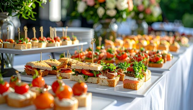 Array of appetizing canap?s arranged on a catering table with flower decorations in the background, outdoors