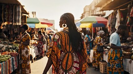 African woman walking through a bustling outdoor market, featuring colorful fabrics, fresh produce, and a warm, sunlit atmosphere, showcasing community and cultural heritage