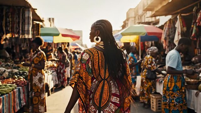 African woman walking through a bustling outdoor market, featuring colorful fabrics, fresh produce, and a warm, sunlit atmosphere, showcasing community and cultural heritage