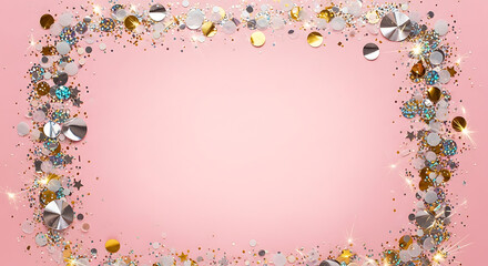 Sparkling frame of silver and gold confetti on pink background