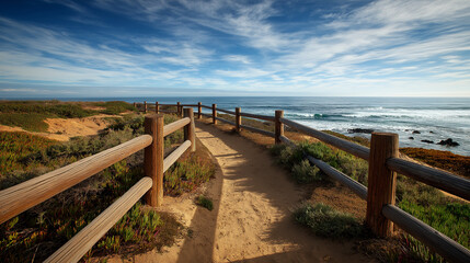 Obraz premium Wooden fence leading down a sandy path toward the ocean horizon.