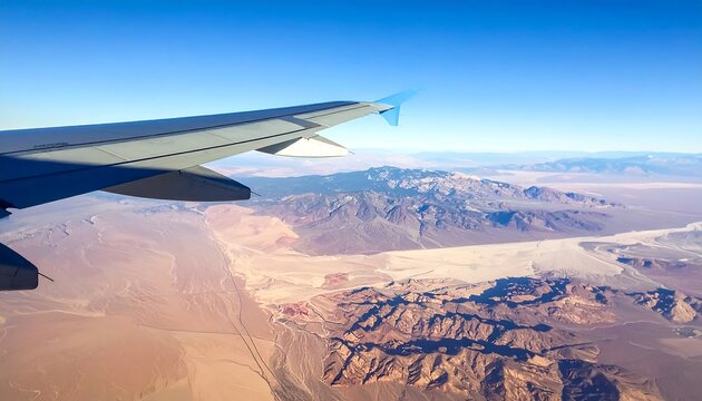 Aerial view from a plane wing over desert land. Blue sky above. Mountain ranges below. Vast, arid landscape visible