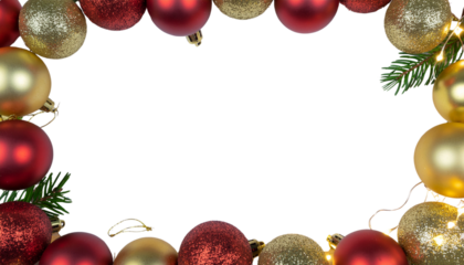 Red and gold Christmas balls and baubles frame border decoration for a holiday card on white background.