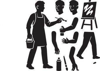 Artist silhouette. versatile creative process via modular elements: heads, arms with brush, spray can, easel, bucket, legs. symbolizes adaptable artistic expression and craft.