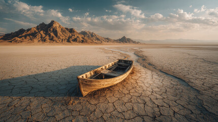 An abandoned boat sits on cracked earth in a barren, drought-stricken landscape. The desolate scene evokes the harsh realities of climate change and environmental degradation