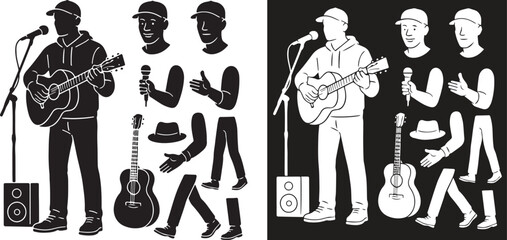 Acoustic guitarist playing live with microphone and speaker, flat vector illustration. includes a modular character kit with interchangeable heads, arms, legs, and accessories for custom design.