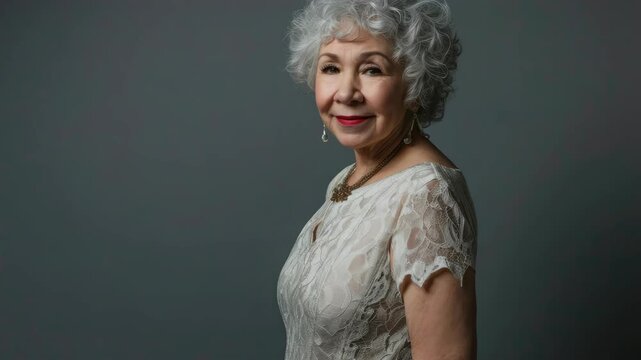 A woman wearing an elegant dress and looking off-camera, set against a dark background.