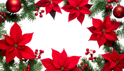 Red Christmas frame background with holly wreath decoration and berries .