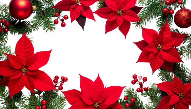 Red Christmas frame background with holly wreath decoration and berries .