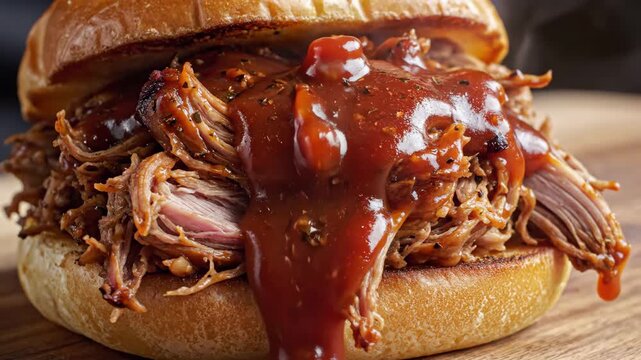 Slow-cooked pulled pork piled high on a toasted bun, tangy barbecue sauce dripping over juicy, messy comfort-food sandwich served on a wooden board, rustic and indulgent