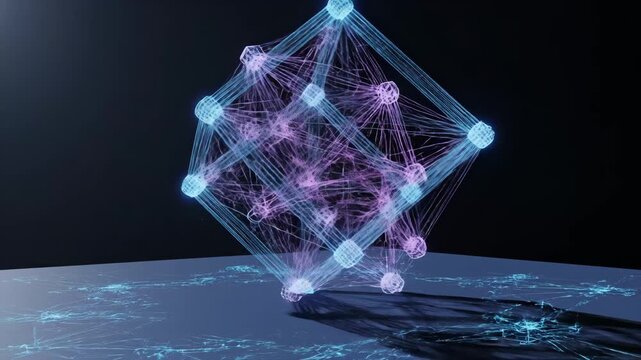 Glowing wireframe cube structure illustrating abstract technology, data connection, digital network, and artificial intelligence concepts in a minimalist modern style
