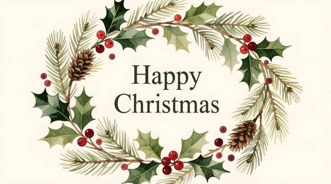 Loose watercolor wreath border, pine, holly, and berries painted with soft brushstrokes, “Happy Christmas” centered in refined serif font — traditional and balanced.