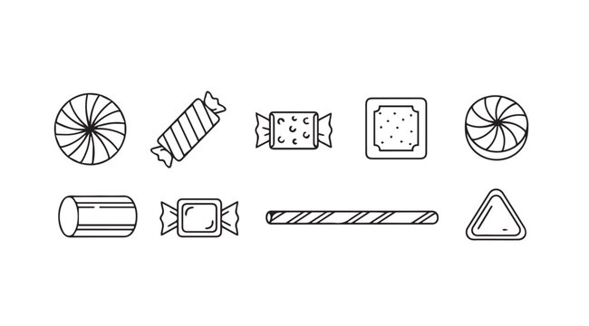Collection of various candy shapes in a simple black and white hand drawn silhouette style