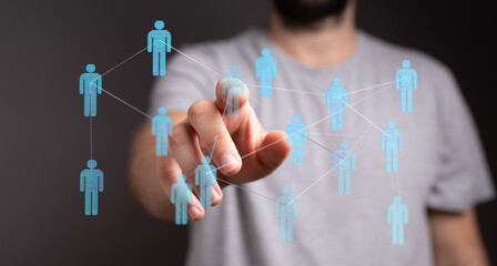 Person interacting with network concept showing connections between people. Digital, technology, global and soc