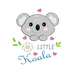 Cute hand-drawn illustration of a baby koala with a happy face, surrounded by pink hearts, a daisy flower, and leaves. Features 
