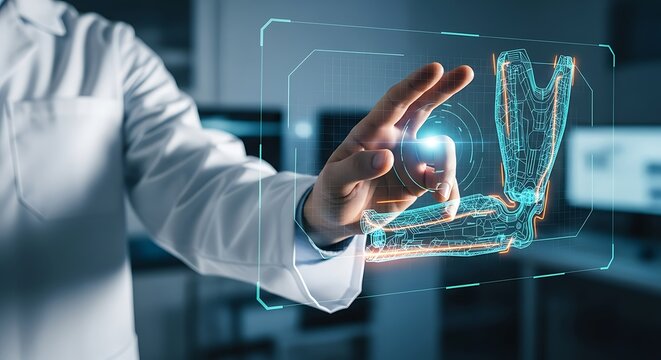 Medical Professional Interacting with a 3D Holographic Display of a Human Elbow Joint - Powered by Adobe