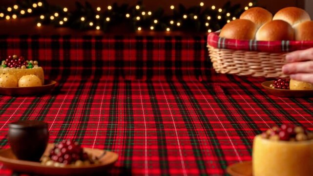 Christmas baking scene featuring fresh baked bread rolls in basket held by hand on red plaid tablecloth creating warm festive atmosphere and mood