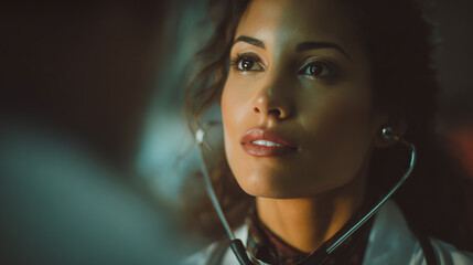 A thoughtful doctor listens intently with a stethoscope, showcasing dedication to patient care and compassion.