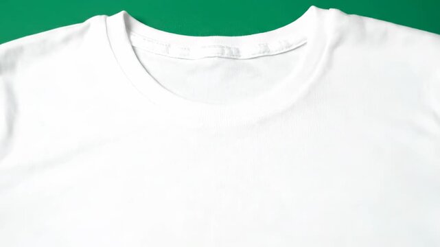 Hands smoothing out a white t-shirt on a vibrant green background, ready for customization or display.