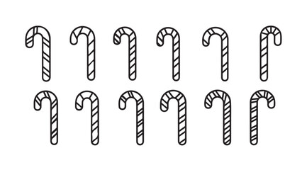Collection of hand drawn candy cane silhouettes in a simple line art style silhouette