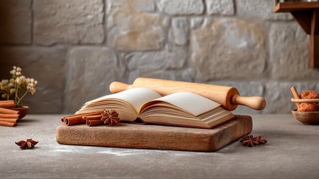 Open recipe book with rolling pin cinnamon spice and wooden board for cozy Christmas baking scene festive cooking inspiration