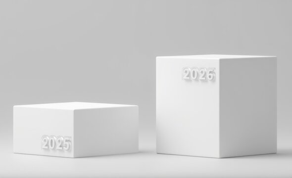 Conceptual White Pedestals Showing Transition from Year 2025 to 2026, Future Planning and Time Progress Concept